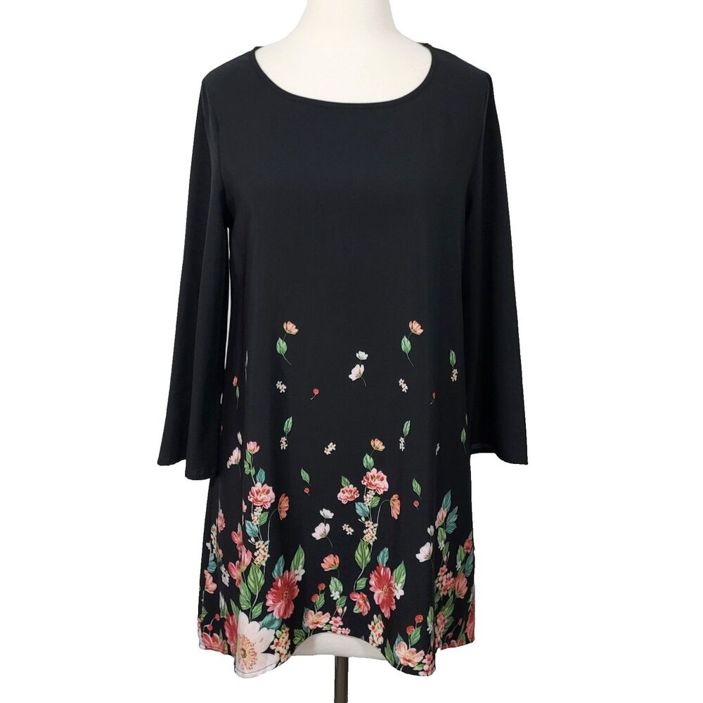 Emery Rose Tunic Top Flowy Black Floral Womens Size Medium Lightweight Blouse